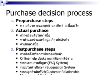 Purchase decision process Prepurchase steps ความต้องการของลูกค้าและคิดว่าจะซื้ออะไร Actual purchase สร้างเงื่อนไขในการซื้อ หาคำแนะนำและข้อมูลเกี่ยวกับสินค้า ดำเนินการซื้อ Postpurchase steps การติดตั้งหรือการประกอบสินค้า Online help desks  และคู่มือการใช้งาน ระบบสอบถามปัญหา ( FAQ System ) ระบบให้คำปรึกษา   (Suggession System ระบบลูกค้าสัมพันธ์ ( Customer Relationship Management System ) 