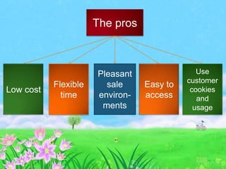 The pros



                      Pleasant                Use
                                           customer
           Flexible     sale     Easy to
Low cost                                    cookies
             time     environ-   access       and
                       ments                 usage
 