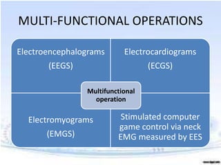 MULTI-FUNCTIONAL OPERATIONS
Electroencephalograms
(EEGS)
Electrocardiograms
(ECGS)
Electromyograms
(EMGS)
Stimulated computer
game control via neck
EMG measured by EES
Multifunctional
operation
 
