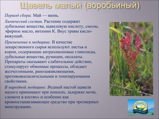 Период сбора. Май — июнь.
Химический состав. Растение содержит
дубильные вещества, щавелевую кислоту, смолы,
эфирное масло, витамин К. Вкус травы кисло-
вяжущий.
Применение в медицине. В качестве
лекарственного сырья используют листья и
корни, содержащие антрахиноновые гликозиды,
дубильные вещества, румицин, оксалаты.
Препараты оказывают слабительное действие,
стимулирует обменные процессы, обладает
желчегонными, ранозаживляющими,
противовоспалительными и тонизирующими
свойствами.
В народной медицине. Водный настой щавеля
малого принимают при поносах, задержке мочи,
«ломоте в костях» и особенно как
кровоостанавливающее средство при чрезмерных
менструациях.
 