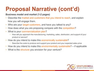 Proposal Narrative (cont’d)
 Work plan and outcomes (1 page)
• Describe your plan for moving forward (from today to initi...