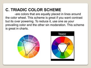 C. TRIADIC COLOR SCHEME
-are colors that are equally placed in lines around
the color wheel. This scheme is great if you want contrast
but its over powering. To reduce it, use one as your
prevailing color and the other sin moderation. This scheme
is great in charts.
 