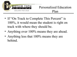 Personalized Education Plan If “On Track to Complete This Percent” is 100%, it would mean the student is right on track with where they should be.  Anything over 100% means they are ahead. Anything less that 100% means they are behind. 