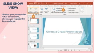 SLIDE SHOW
VIEW:
Displays your presentation
in full-screen mode,
allowing you to present it
to an audience.
 