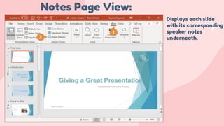 Notes Page View:
Displays each slide
with its corresponding
speaker notes
underneath.
 