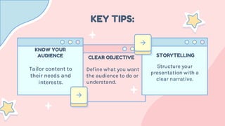 KEY TIPS:
Tailor content to
their needs and
interests.
KNOW YOUR
AUDIENCE
Define what you want
the audience to do or
understand.
CLEAR OBJECTIVE
Structure your
presentation with a
clear narrative.
STORYTELLING
 