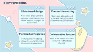 Slide-based design Content formatting
Users can add, edit, and
style text, images, charts,
and other visual elements.
Most tools allow users to
organize infromation into
slides, similar to pages in
a notebook.
Multimedia integration
Features include adding
audio, video, and animations
to enhance engagement.
4 KEY FUNCTIONS:
Collaborative features
Tools often enable real-time
teamwork and feedback
sharing.
 
