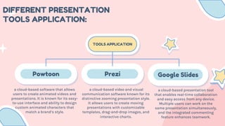 Powtoon Prezi Google Slides
DIFFERENT PRESENTATION
TOOLS APPLICATION:
TOOLS APPLICATION
a cloud-based software that allows
users to create animated videos and
presentations. It is known for its easy-
to-use interface and ability to design
custom animated characters that
match a brand’s style.
a cloud-based video and visual
communication software known for its
distinctive zooming presentation style.
It allows users to create moving
presentations with customizable
templates, drag-and-drop images, and
interactive charts.
a cloud-based presentation tool
that enables real-time collaboration
and easy access from any device.
Multiple users can work on the
same presentation simultaneously,
and the integrated commenting
feature enhances teamwork.
 