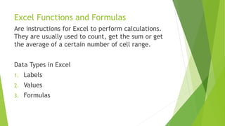 Excel Functions and Formulas
Are instructions for Excel to perform calculations.
They are usually used to count, get the sum or get
the average of a certain number of cell range.
Data Types in Excel
1. Labels
2. Values
3. Formulas
 