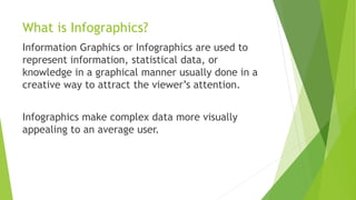 What is Infographics?
Information Graphics or Infographics are used to
represent information, statistical data, or
knowledge in a graphical manner usually done in a
creative way to attract the viewer’s attention.
Infographics make complex data more visually
appealing to an average user.
 