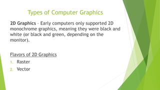Types of Computer Graphics
2D Graphics – Early computers only supported 2D
monochrome graphics, meaning they were black and
white (or black and green, depending on the
monitor).
Flavors of 2D Graphics
1. Raster
2. Vector
 