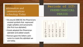 Module 1:
Information and
Communications
Technology Today
Periods of ICT:
PREMECHANICAL
PERIOD
 