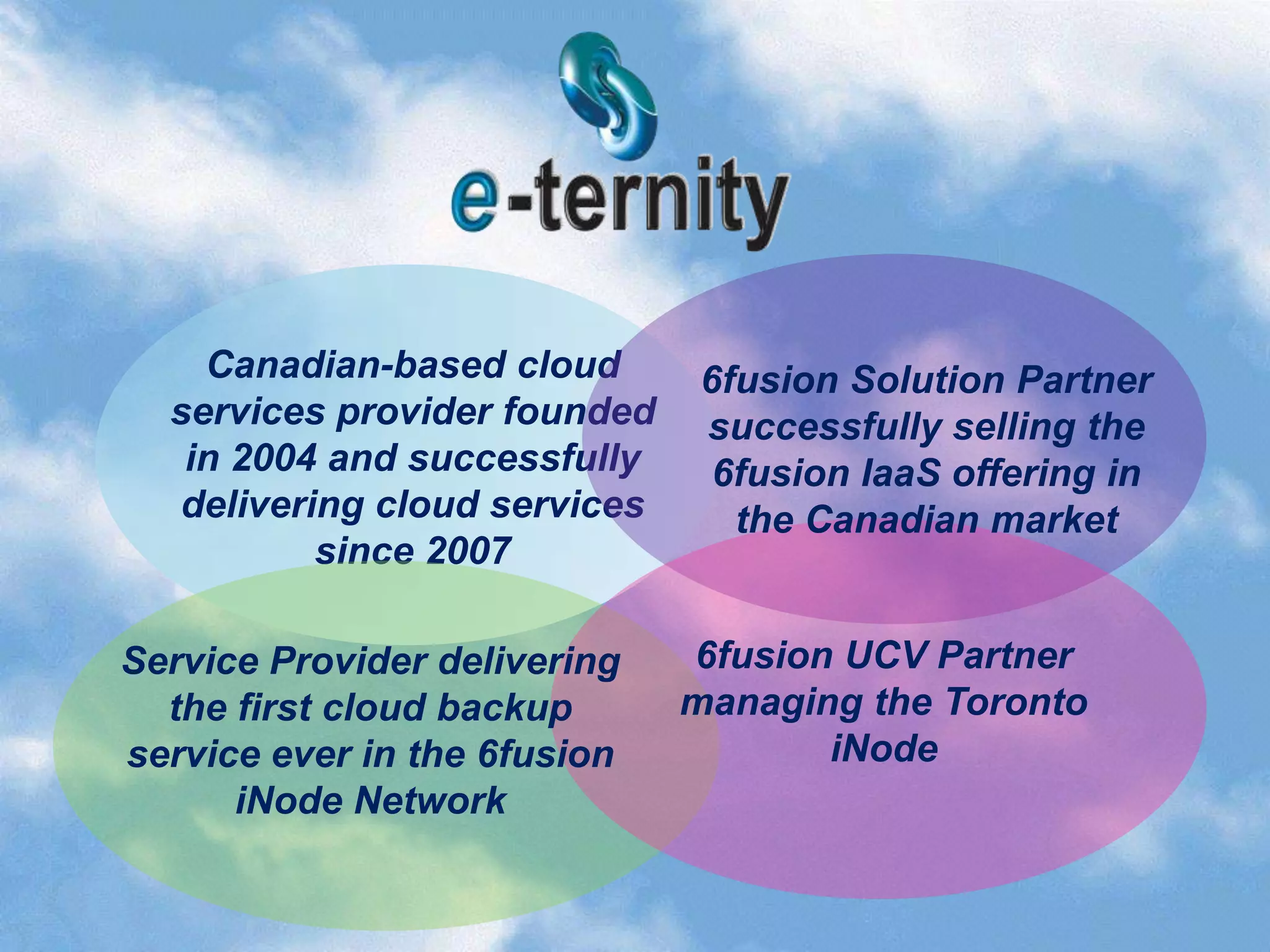 Canadian-based cloud       6fusion Solution Partner
  services provider founded    successfully selling the
   in 2004 and successfully     6fusion IaaS offering in
  delivering cloud services      the Canadian market
          since 2007

Service Provider delivering   6fusion UCV Partner
  the first cloud backup      managing the Toronto
service ever in the 6fusion          iNode
      iNode Network
 