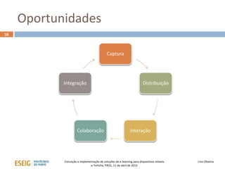 Oportunidades
16



                                           Captura




            Integração                                                Distribuição




                     Colaboração                             Interação




            Conceção e implementação de soluções de e-learning para dispositivos móveis   Lino Oliveira
                              e-Tertúlia, PAOL, 11 de abril de 2013
 