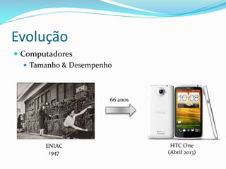 Evolução
 Computadores
    Tamanho & Desempenho




                        66 anos




        ENIAC                      HTC One
         1947                     (Abril 2013)
 