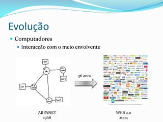 Evolução
 Computadores
    Interacção com o meio envolvente




                           36 anos




           ARPANET                      WEB 2.0
             1968                        2004
 