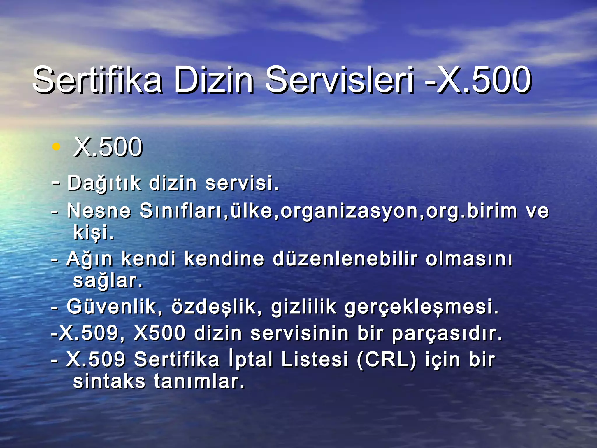 SSeerrttiiffiikkaa DDiizziinn SSeerrvviisslleerrii --XX..550000 
• XX..550000 
-- DDaağğııttııkk ddiizziinn sseerrvviissii.. 
-- NNeessnnee SSıınnııffllaarrıı,,üüllkkee,,oorrggaanniizzaassyyoonn,,oorrgg..bbiirriimm vvee 
kkiişşii.. 
-- AAğğıınn kkeennddii kkeennddiinnee ddüüzzeennlleenneebbiilliirr oollmmaassıınnıı 
ssaağğllaarr.. 
-- GGüüvveennlliikk,, öözzddeeşşlliikk,, ggiizzlliilliikk ggeerrççeekklleeşşmmeessii.. 
--XX..550099,, XX550000 ddiizziinn sseerrvviissiinniinn bbiirr ppaarrççaassııddıırr.. 
-- XX..550099 SSeerrttiiffiikkaa İİppttaall LLiisstteessii ((CCRRLL)) iiççiinn bbiirr 
ssiinnttaakkss ttaannıımmllaarr.. 
 