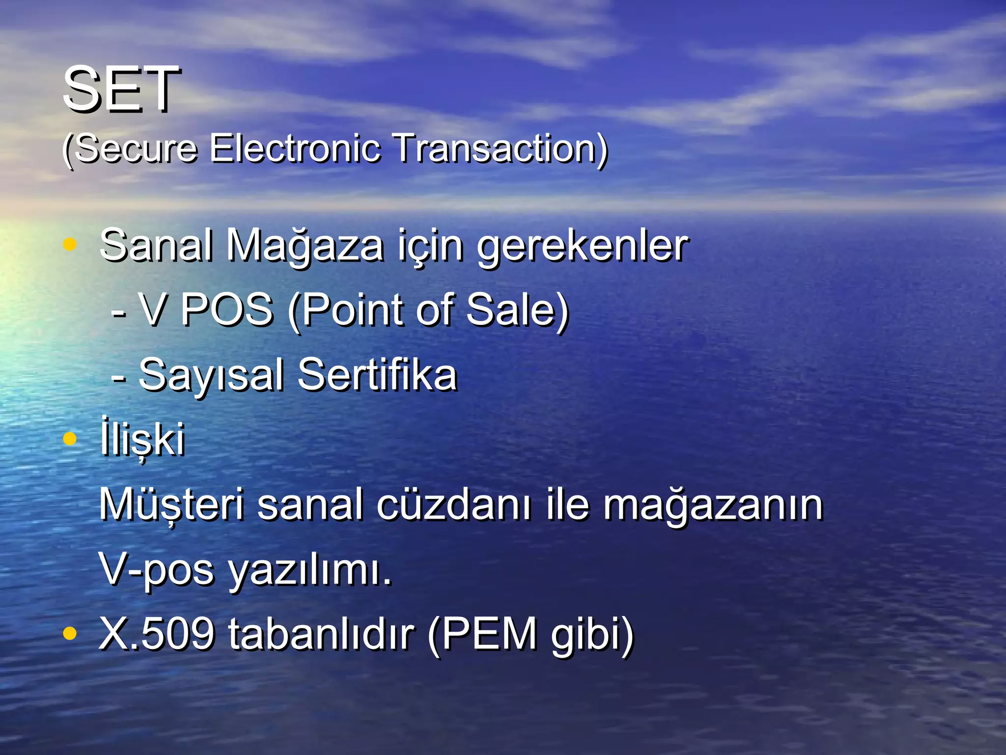 SSEETT 
((SSeeccuurree EElleeccttrroonniicc TTrraannssaaccttiioonn)) 
• SSaannaall MMaağğaazzaa iiççiinn ggeerreekkeennlleerr 
-- VV PPOOSS ((PPooiinntt ooff SSaallee)) 
-- SSaayyııssaall SSeerrttiiffiikkaa 
• İİlliişşkkii 
MMüüşştteerrii ssaannaall ccüüzzddaannıı iillee mmaağğaazzaannıınn 
VV--ppooss yyaazzııllıımmıı.. 
• XX..550099 ttaabbaannllııddıırr ((PPEEMM ggiibbii)) 
 