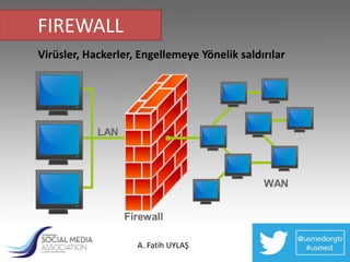 FIREWALL
Virüsler, Hackerler, Engellemeye Yönelik saldırılar




                    A. Fatih UYLAŞ
 