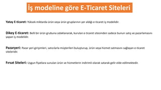 İş modeline göre E-Ticaret Siteleri
Yatay E-ticaret: Yüksek miktarda ürün veya ürün gruplarının yer aldığı e-ticaret iş modelidir.
Dikey E-ticaret: Belli bir ürün grubuna odaklanarak, kurulan e-ticaret sitesinden sadece bunun satış ve pazarlamasını
yapan iş modelidir.
Pazaryeri: Pazar yeri girişimleri, satıcılarla müşterileri buluşturup, ürün veya hizmet satmasını sağlayan e-ticaret
siteleridir.
Fırsat Siteleri: Uygun fiyatlara sunulan ürün ve hizmetlerin indirimli olarak satarak gelir elde edilmektedir.
 