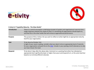 E-tivity 4.2 "Capability Maturity - The Silver Bullet"
   Introduction             There is a central assumption underlying concepts of project and organisational maturity that a
                            single trajectory towards the utopia of level 5 is something all organisations should aspire to,
                            and that this is the silver bullet that will enhance organisational performance.

   Purpose                  The purpose of this e-tivity is for you each to reflect on what might be an appropriate maturity
                            level for your organisation.

   Task                     To be done by October 2nd.
                            In light of your recent reading, consider what you deem to be an appropriate level of maturity
                            for your organisation and post this to the Wiki. Include in your posting a brief rationale as to why
                            you have chosen this level.

   Respond                  To be done 2 days after the above date. Comment on a posting that either has indicated an
                            appropriate level significantly lower or higher than yours and respond to it, or the same level but
                            based on an entirely different rationale.




                                                                                                          E-tivities Knowledge Gilly
20/11/2011                                                      24
                                                                                                                            Salmon
 
