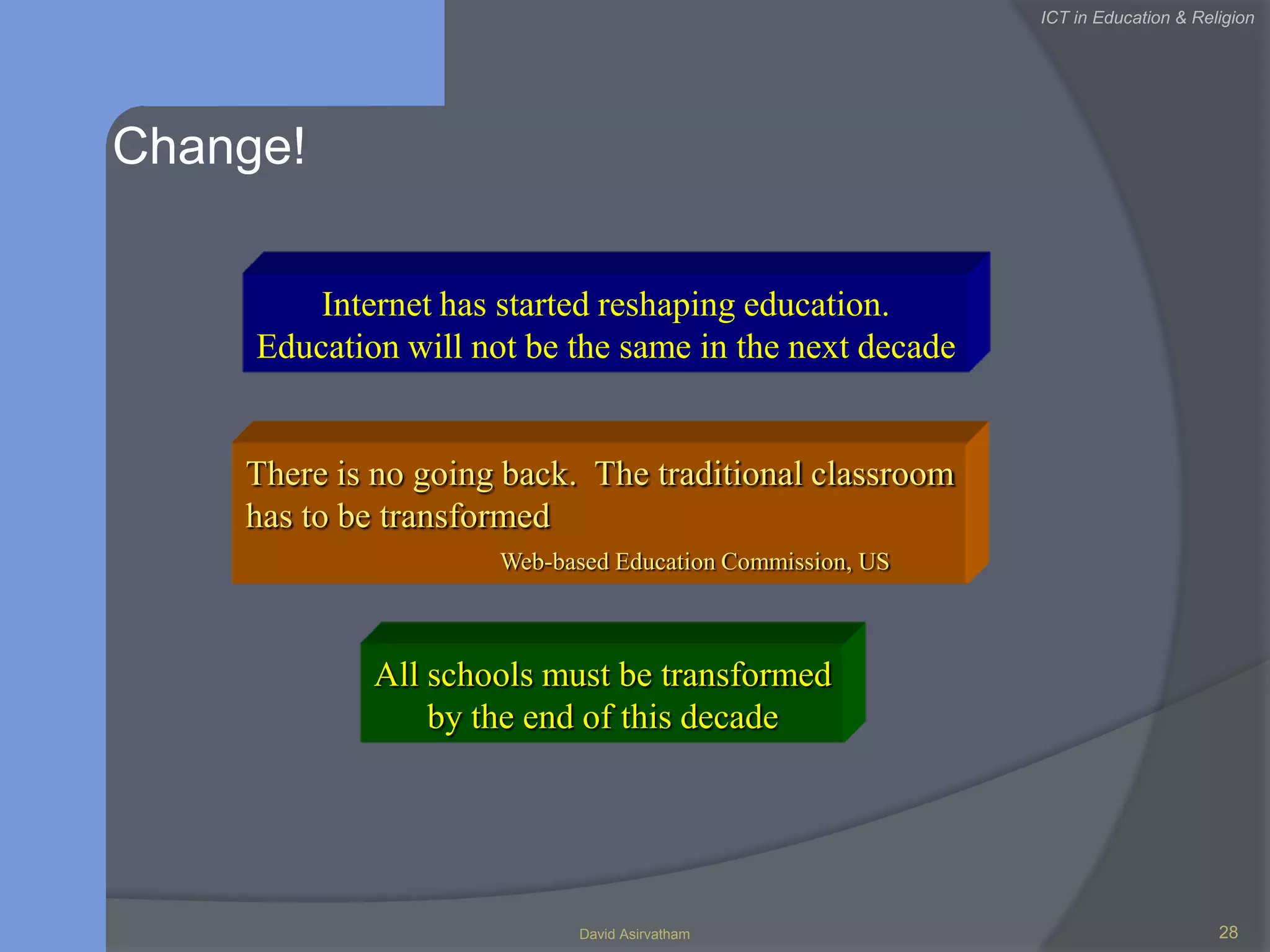 ICT in Education & ReligionMalaysian National ICT AgendaPEOPLE- Work Culture- ICT Skills- Knowledge worker- Learning Society- United, moral & ethicalEDUCATIONKNOWLEDGE-BASEDECONOMYAPPLICATION &CONTENT- Smart Schools- e-govt.- Smartcard- Tele-medicine- OthersINFRASTRUCTURE- Communication  - Fibre-Optic Cabling- Gigabit ATM- Satellite- Transport/Logistic- etc11
