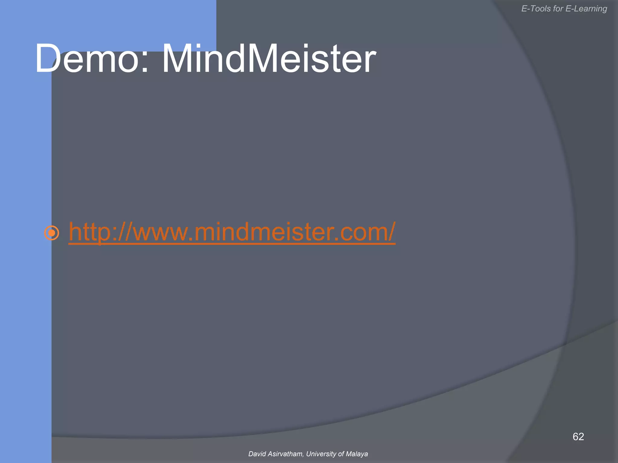 Benefits of e-LearningLearn anywhere, anytime by anyoneLarge audienceAccess to earlier materialsPrivate & public discussionLarge volume of resources/informationTwo-way communication (online chat, forum, etc.)E-Learning is interactive (not learning alone)Multimedia-based content