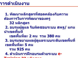 1.   พัฒนาหลักสูตรที่สอดคล้องกับความต้องการในการพัฒนาของครู 32   หลักสูตร 2.   อบรมผู้ดูแล รับผิดชอบระบบ สพฐ /   แกนนำเขตพื้นที่ เขตพื้นที่ละ  2  คน  รวม  380   คน 3.   อบรมขยายผลผู้ดูแลระบบระดับเขตพื้นที่  เขตพื้นที่ละ  5   คน  รวม   925   คน 4.   ดำเนินการฝึกอบรมด้วยระบบ  e-Training   32   หลักสูตร 5.   ประชุมสัมมนาติดตามและประเมินผลผู้ดูแลระบบ สพฐ / เขตพื้นที่ 6.  ติดตามการใช้ระบบการพัฒนาครูด้วยระบบ E - training 4   ภาค การดำเนินงาน 