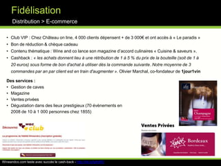 Pro-Wine.comDistribution > NégociantsDescription : place de marché en ligne, BTB, 7000 sociétés, 52 paysVisiteurs uniques : n.dNombre de pages : 176