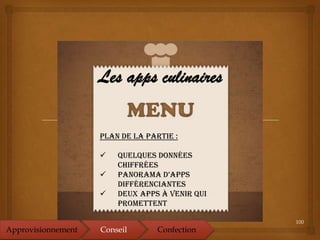 100
Les apps culinaires
Plan de la partie :
 Quelques données
chiffrées
 panorama d’apps
différenciantes
 Deux Apps à venir qui
promettent
Approvisionnement Conseil Confection
 