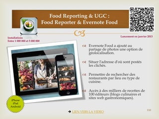 
110
Food Reporting & UGC :
Food Reporter & Evernote Food
 Evernote Food a ajouté au
partage de photos une option de
géolocalisation.
 Situer l'adresse d'où sont postés
les clichés.
 Permettre de rechercher des
restaurants par lieu ou type de
cuisine.
 Accès à des milliers de recettes de
100 éditeurs (blogs culinaires et
sites web gastronomiques).
iPhone
iPad
Android
 LIEN VERS LA VIDEO
Installations
Entre 1 000 000 et 5 000 000
Lancement en janvier 2013
 