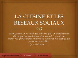 Avant, quand on ne savait pas cuisiner, que l’on cherchait une
idée ou que l’on avait besoin d’un conseil, il y avait nos
mères, nos grands-mères, les livres de cuisine ou nos copines qui
pouvaient nous aider.
Ça, c’était avant …
Approvisionnement Conseil Confection
 