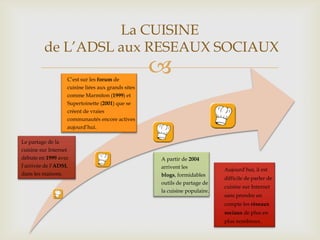 
Le partage de la
cuisine sur Internet
débute en 1999 avec
l’arrivée de l’ADSL
dans les maisons.
C’est sur les forum de
cuisine liées aux grands sites
comme Marmiton (1999) et
Supertoinette (2001) que se
créent de vraies
communautés encore actives
aujourd’hui.
A partir de 2004
arrivent les
blogs, formidables
outils de partage de
la cuisine populaire.
Aujourd’hui, il est
difficile de parler de
cuisine sur Internet
sans prendre en
compte les réseaux
sociaux de plus en
plus nombreux.
La CUISINE
de L’ADSL aux RESEAUX SOCIAUX
 