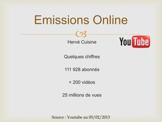 
Quelques chiffres
111 928 abonnés
+ 200 vidéos
25 millions de vues
Emissions Online
Hervé Cuisine
Source : Youtube au 05/02/2013
 
