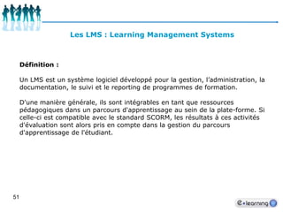 47Les contenus e-LearningC’est l’ensemble des médias regroupés au sein d’un scénario d’apprentissage, conçu et réalisé dans un but pédagogique de formation.Un contenu e-learning est généralement composé de différents médias tels que du son, de la vidéo, des images, des illustrations, etc.Module e-Learning de 15 – 20 mn