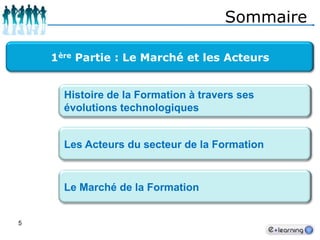 Sommaire1ère Partie : Le Marché et les ActeursHistoire de la Formation à travers ses évolutions technologiquesLes Acteurs du secteur de la FormationLe Marché de la Formation5