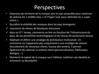 Perspectives - 1/2 L’enjeu du luxe sur Internet c’est de valoriser le capital de la marque sans l’abîmer, maîtriser son identité et entretenir sa désirabilité. C’est exploiter le filon de la création 2.0 pour se renouveler. Déployer et définir une stratégie de distribution multi-canale :     Vers le luxe accessible pour continuer de séduire les « middle-class »  avec des produits  d’entrée de gamme     Vers  l’hyper luxe  pour atteindre les « super riches » avec des services sur-mesure pour un  luxe vécu comme une expérience unique et originale Accroître la visibilité des marques dans les pays émergents tout en gardant le contrôle en propre de la marque :     Dans un 1 er  temps, par la croissance du réseau de boutiques exclusives     Dans un 2 ème  temps, commerce on-line en fonction de l’infrastructure du pays, de ses  possibilités technologiques et du réseau de partenaires locaux  