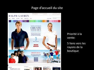Page d’accueil du site Priorité à la vente:  5 liens vers les rayons de la boutique  