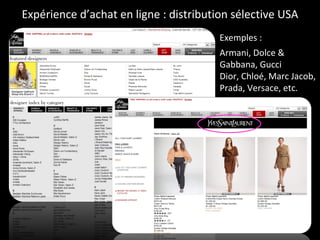 Expérience d’achat en ligne : distribution sélective USA Armani, Dolce & Gabbana, Gucci Dior, Chloé, Marc Jacob, Prada, Versace, etc. Exemples : 