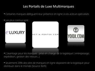 Les Portails de Luxe Multimarques L’avantage pour les marques : prise en charge de la logistique ( entreposage, expédition, gestion des retours…) Seulement 20% des sites de marques en ligne disposent de la logistique pour distribuer dans le monde (Source Xerfi) Certaines marques déléguent leur présence en ligne à ces acteurs spécialisés Les plus connus sont : 