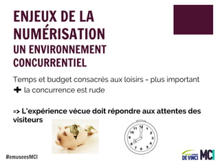 ENJEUX DE LA
NUMÉRISATION

UN ENVIRONNEMENT
CONCURRENTIEL
Temps et budget consacrés aux loisirs = plus important
la concurrence est rude
=> L’expérience vécue doit répondre aux attentes des
visiteurs

#emuseesMCI

 