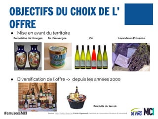 OBJECTIFS DU CHOIX DE L’
OFFRE
● Mise en avant du territoire
Porcelaine de Limoges

Air d’Auvergne

Vin

Lavande en Provence

● Diversification de l’offre -> depuis les années 2000

Produits du terroir

#emuseesMCI

Source : http://bit.ly/1f0pLGq (Cécile Vignesoult, membre de l'association Museum & Industries)

 