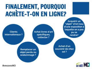 FINALEMENT, POURQUOI
ACHÈTE-T-ON EN LIGNE?
Clients
internationaux ?

Achat livres d’art
spécifiques,
collector ?

Remplacer un
objet perdu ou
endommagé ?

#emuseesMCI

Acquérir un
“objet” d’Art issu
d’une exposition à
laquelle on a pas
pu se
rendre?

Achat d’un
souvenir de chez
soi ?

 