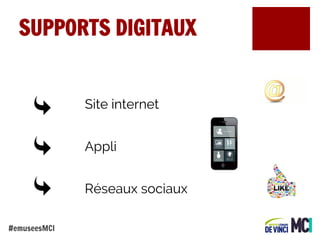 SUPPORTS DIGITAUX

Site internet
Appli
Réseaux sociaux
#emuseesMCI

 