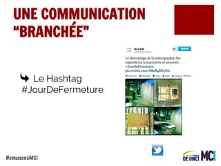 UNE COMMUNICATION
“BRANCHÉE”
Le Hashtag
#JourDeFermeture

#emuseesMCI

 