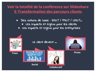 Voir la totalité de la conférence sur Slideshare
E-Transformation des parcours clients
Le client devient ...
Trace
Social
Pirate
Collaboratif
● Des notions de base : ZMOT / FMOT / UMOT…
● Les impacts et enjeux pour les clients
● Les impacts et enjeux pour les entreprises
 