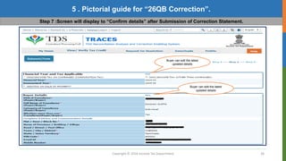 Copyright © 2016 Income Tax Department 26
5 . Pictorial guide for “26QB Correction”.
Step 7 :Screen will display to “Confirm details” after Submission of Correction Statement.
Buyer can edit the latest
updated details
Buyer can edit the latest
updated details
 