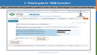 Copyright © 2016 Income Tax Department 29
5 . Pictorial guide for “26QB Correction”.
Step 8 : Profile details will be populated as updated on Traces. Click on “Submit Request” to Submit Correction Request.
Click here to Submit
Correction Request
Click here to Cancel
Correction Request
 