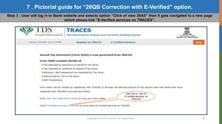 Copyright © 2016 Income Tax Department 35
7 . Pictorial guide for “26QB Correction with E-Verified” option.
Step 3 : User will log in to Bank website and selects option “Click of view 26AS” then It gets navigated to a new page
which shows link “E-Verified services on TRACES”.
User has to click on
E-Verified services on
TRACES
 