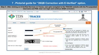 Copyright © 2016 Income Tax Department 37
7 . Pictorial guide for “26QB Correction with E-Verified” option.
Step 5 : After clicking on E-Verified Services on Traces, user gets navigated to the TRACES website with the Pre populated
Username and PAN. User can login and continue 26QB correction.
Pre populated
Username.
Pre populated PAN
 